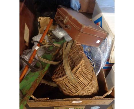 A box containing a quantity of items including fishing creel, candlestick, coat hook, ostrich feather, etc.