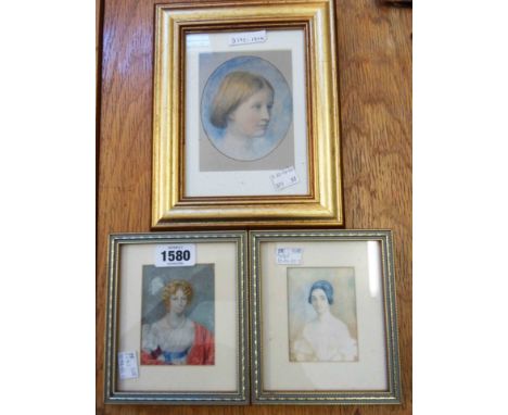 Two matching framed portrait miniatures of women - sold with a gilt framed print similar
