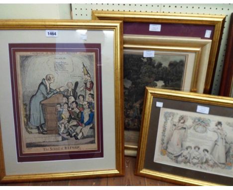 †A gilt framed antique C. Grant coloured cartoon print, entitled The School of Reform - sold with a framed French print La No