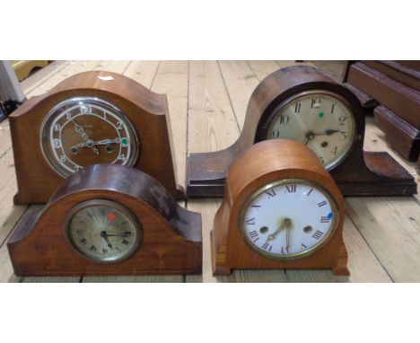Two vintage Smiths mantle clocks, an oak cased Napoleon hat mantle clock and an inlaid cased desk timepiece - various conditi