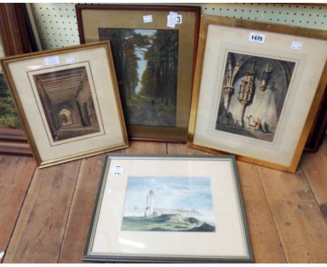 Two gilt framed antique monastery watercolours one marked S. Prout on mount and bearing Abbey Galleries (Westminster) Ltd lab