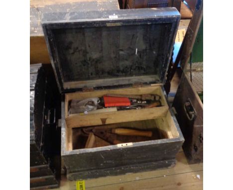 A painted pine tool chest containing a small quantity of tools