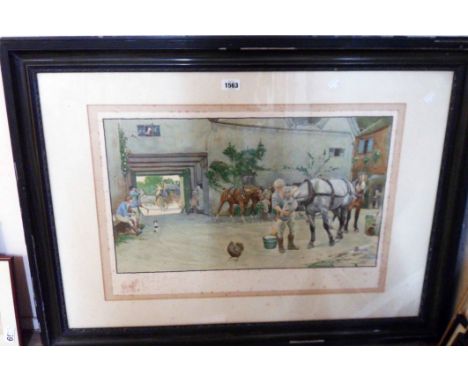 Cecil Aldin: a framed coloured print, depicting figures and horses in a courtyard - signed in pencil to margin - foxing - ima