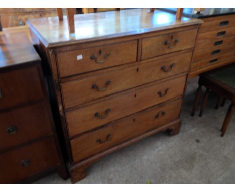 A 93cm 19th Century mahogany chest of two short and three long graduated drawers, set on bracket feet - some damage