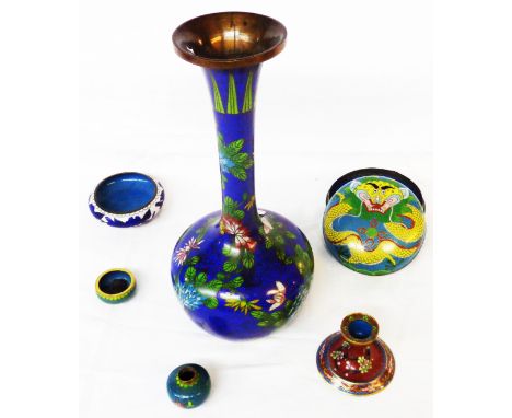 Six pieces of cloisonne including large vase, box and cover, candlestick, dishes, etc,