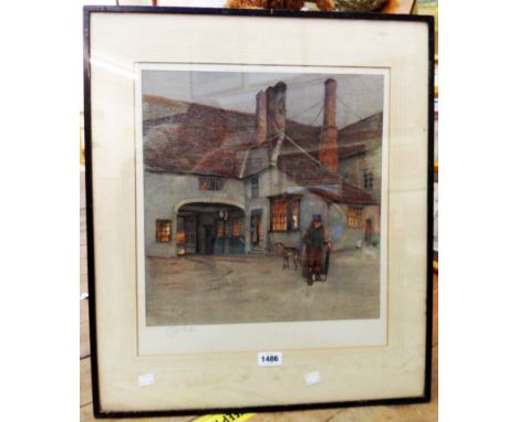 Cecil Aldin: a framed coloured print, depicting a male figure and a greyhound standing outside a tavern at dusk - signed in p