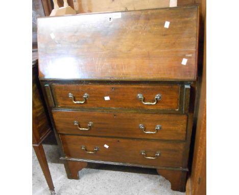 A 75cm early 20th Century mahogany bureau with part fitted interior and three long graduated drawers under, set on bracket fe