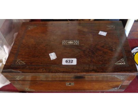 A Victorian rosewood and mother-of-pearl inlaid writing slope bearing label for Steels Fancy Repository, Norwich - a/f