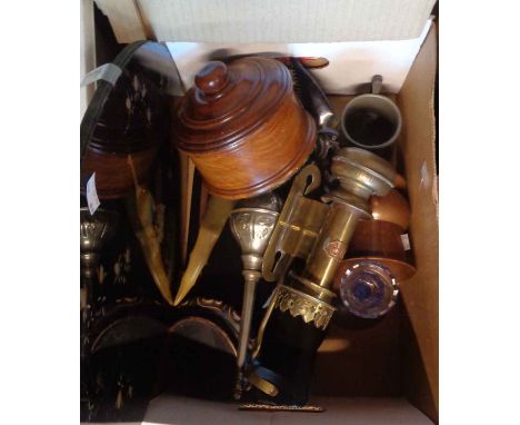 A box containing assorted items including modern GWR lamp, a pair of Trench Art shoes, pewter commemorative mug, butterfly wi