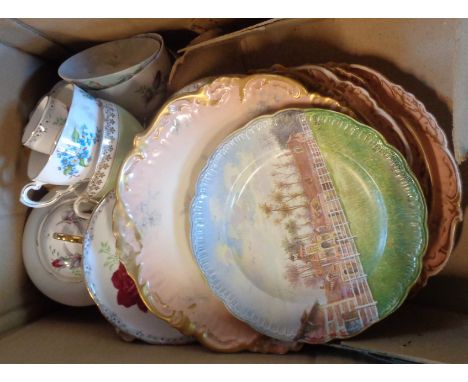 A box containing assorted china including Limoges plates, Royal Worcester gold lustre coffee ware, etc.