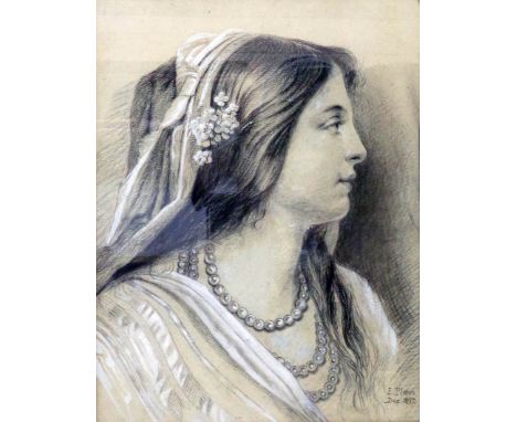 E. Pleass: an antiqued gilt framed charcoal and chalk profile portrait of a young woman wearing a pearl necklace - signed and