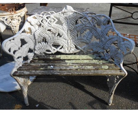 A 1.04m reproduction pained cast aluminimum framed and wooden slatted Coalbrookdale style garden bench - for re-slatting