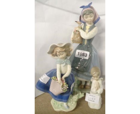 Two Lladro figures of girls holding baskets - sold with a Nao figure of a kneeling angel