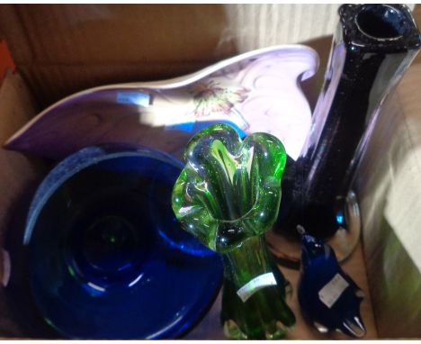 A box of assorted ceramic and glass items including Shorter dish, Langham paperweight, etc.
