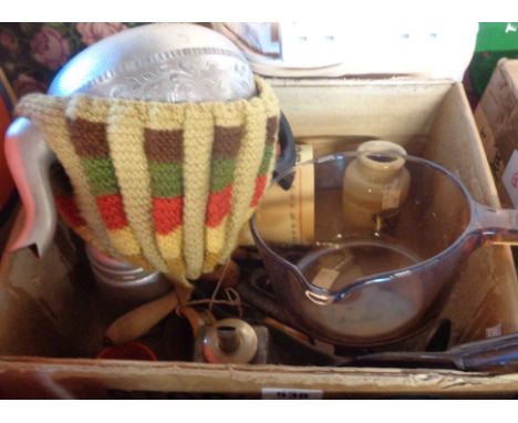 A vintage Stork margarine box containing a quantity of kitchenalia including Campbells Soup vacuum flask, flour sifter, etc.