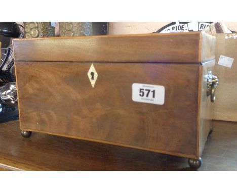 A walnut and boxwood strung tea caddy with associated mixer