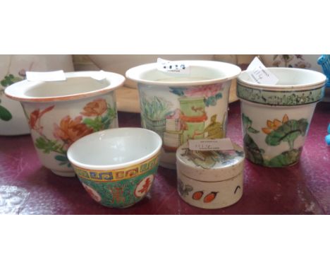 Three 20th Century Chinese ceramic items comprising cachepot, Cantonese cup, and a lidded pot and two other pieces