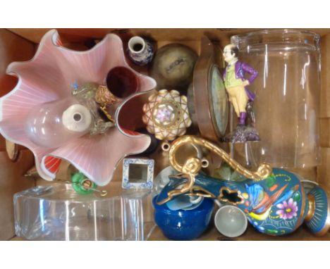 A box of assorted ceramic and collectable items including scent bottles, handkerchief vase, Chinese cup, etc.