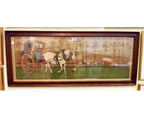 Cecil Aldin: an oak framed early 20th Century coloured print, entitled Mrs Tickler's Caravan - image 34cm X 100cm