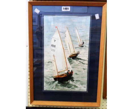 †Chris Harrison: a framed watercolour Salcombe yawls, depicting three racing dinghies - signed with monogram and dated 9/93 -