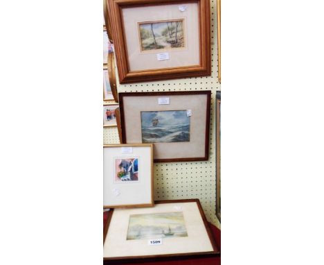 Two framed small maritime watercolours - sold with another depicting a woodland track and a Saverio De Bello print