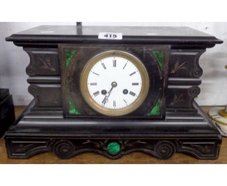 A late Victorian black slate and malachite cased mantle clock of pedestal form with Japy Freres gold medal eight day bell str