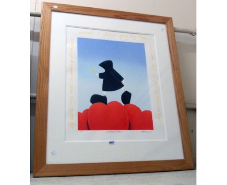 †Mackenzie Thorpe: a large pine framed limited edition silk screen coloured print, entitled Walking in Love - signed and titl