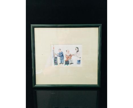 A Chinese rice or pith paper painting, of three figures with banner, pipe and book, polychrome colours, framed and glazed,  i