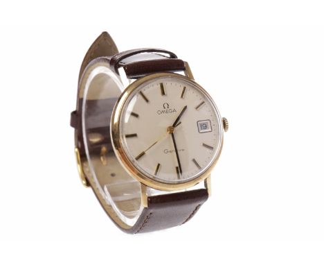 GENTLEMANS OMEGA GENEVE NINE CARAT GOLD MANUAL WIND WRIST WATCHsigned movement, the round cream dial with applied gold colour