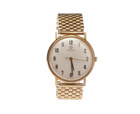 GENTLEMAN'S OMEGA NINE CARAT GOLD MANUAL WIND WRIST WATCHthe round dial with applied Arabic numerals, outer seconds track, 33