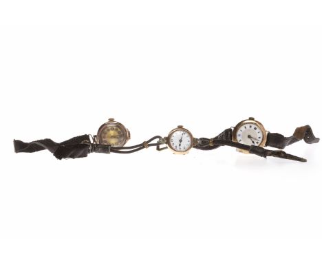 THREE LADY'S EARLY TWENTIETH CENTURY NINE CARAT GOLD MANUAL WIND WRIST WATCHEScomprising one with Roman numerals and two with