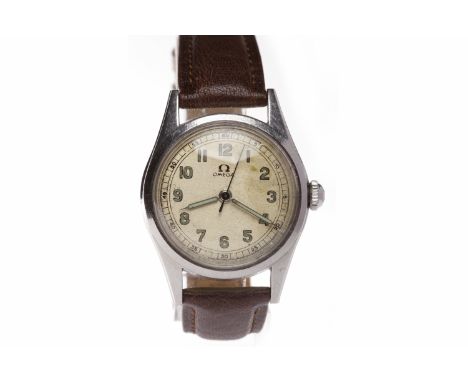 MID SIZE OMEGA STAINLESS STEEL MANUAL WIND WRIST WATCHc.1940s, the round dial with luminous Arabic hour markers, outer second