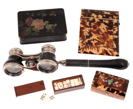 A Victorian tortoiseshell card case, a tortoiseshell trinket box, the lid inlaid with mother-of-pearl, 6cm w, a papier mache 