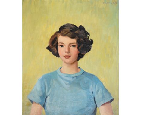 John White, 1952 - Portrait of A Girl, bust length, signed and dated, oil on canvas, 54.5cm x 44cm  Good condition