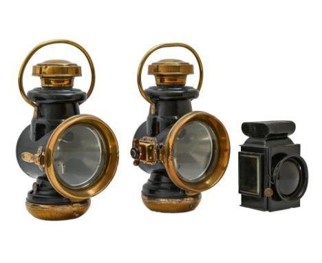 A pair of Powell &amp; Hanmer Ltd No 525 brass mounted lamps, early 20th c, 35cm h, a brass hanging oil lamp with white glass