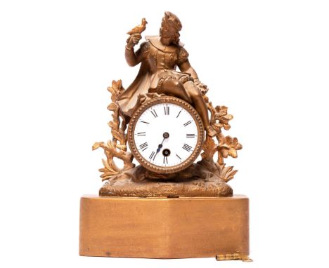 A French giltmetal figural mantle clock, early 20th c, with enamel dial, 31cm h, pendulum and key  Tiny hairline crack to dia