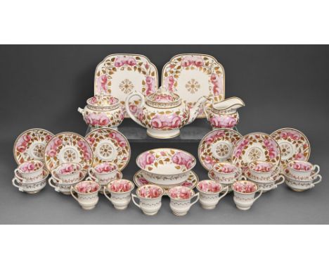  A Spode bone china tea  and coffee service, c.1820, painted with pink roses and gilt, the teapot 15cm h, red painted Spode a
