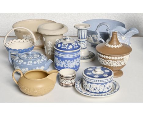Miscellaneous Staffordshire stoneware attributed to Charles Bourne, c.1817-1830, to include two slop bowls sprigged with clas