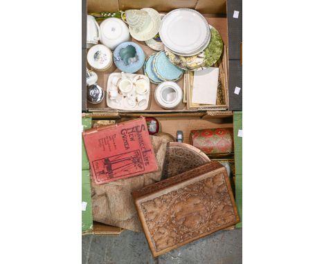Miscellaneous ceramics and wood items, including carved wood jewel box, bone china doll's tea service and Royal Worcester tea