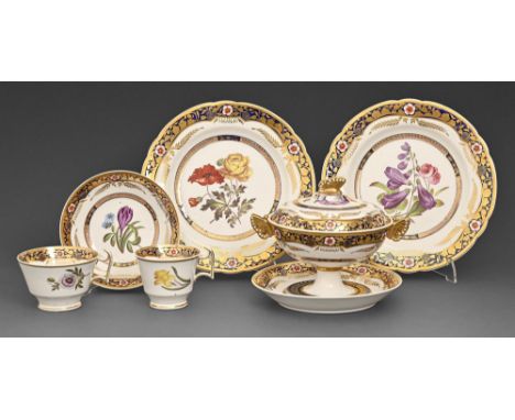 A set of painted and gilt Spode dessert and teaware, c.1830, to include a cream pail and cover with gilt butterfly handles an