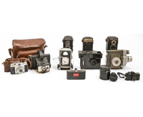 Four Twin Lens Reflex TLR cameras, to include Mamiya C3, Voigtlander and Lubitel, a Sekonic Simplomat 8mm cine camera and Pen