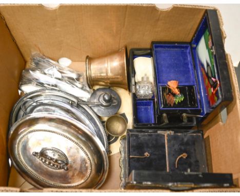 A Victorian papier mache tea caddy, inlaid with mother-of-pearl, a 19th c bronze mortar and miscellaneous plated ware, etc  T