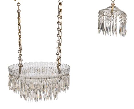 A cut glass hanging light, mounted on a cut glass pendant, 40cm diam and a similar, smaller example (2)  Larger light fitting