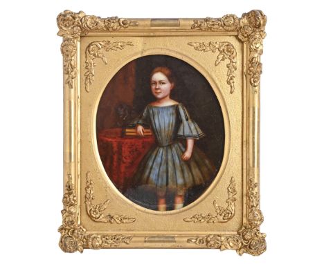 A Victorian reverse painted glass full length portrait&nbsp;of a young girl&nbsp;in a blue dress, oval, contemporary gilt fra