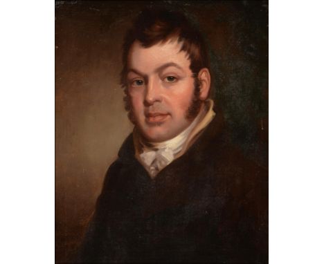 English School, 19th century - Portrait of a Gentleman, bust length in a brown coat and white stock, oil on board, 54cm x 44c