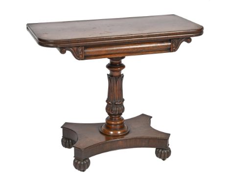 A Victorian rosewood card table, 77cm h; 45 x 91cm  Minor water stains and ring marks to top, not warped or re-polished