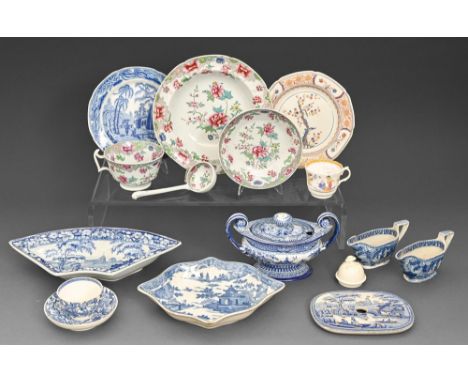 A blue and white stoneware urnular sauce tureen and cover, early 19th c, and further English transfer-printed earthenware inc