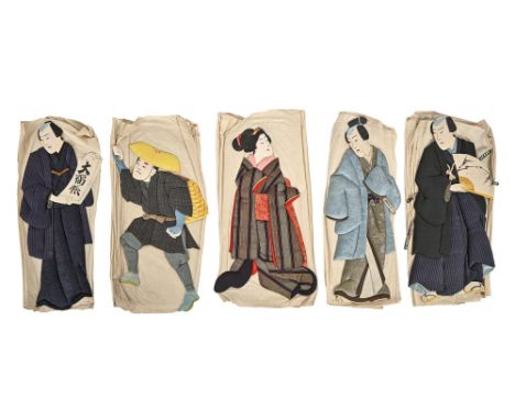 A set of five Japanese figural textile and card appliqués, Meiji period, 19th c,&nbsp;worked in mixed fabrics and picked out 