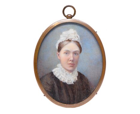 English School, 19th c - Portrait Miniature of a Lady, in brown dress with lace collar and cap, ivory, oval, 78mm  Please not