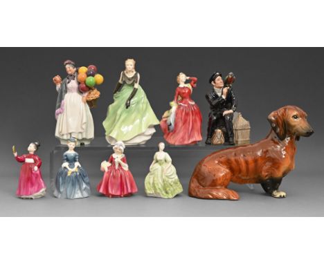 Seven Royal Doulton and Coalport figures including 'Shore Leave' and a Goebel model of a Dashund, 20th c, 22cm and smaller, p